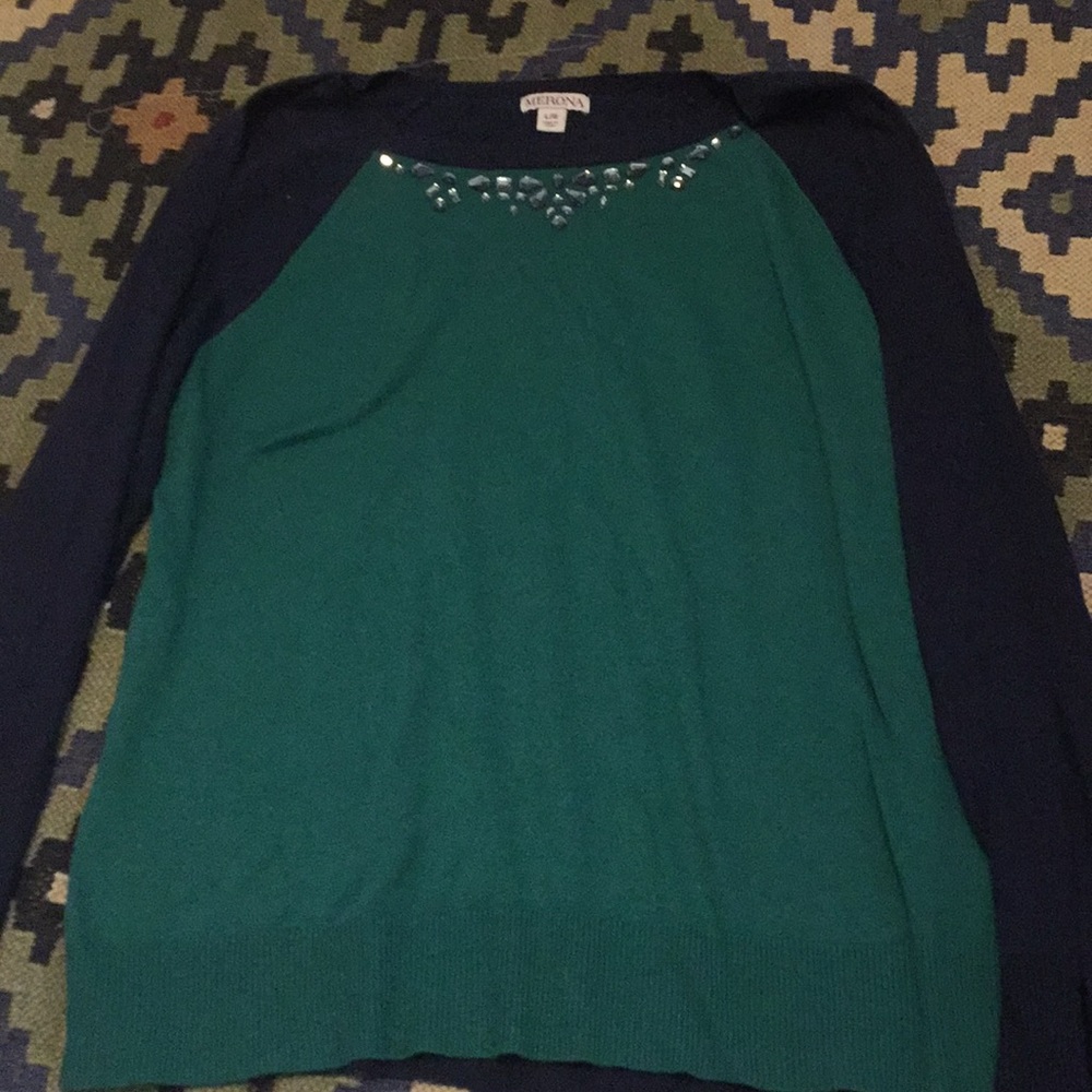 Green and blue sweater with beaded collar